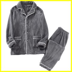 【最短発送】肌に優しい ふんわり 無地 秋冬服 ポケット付き 衿付き 厚手 暖かい 防寒 長袖 裏起毛 寝間着 両面起毛 ゆったり ルームウェア 部屋着 上下セット フランネル パジャマ メンズ [wechose]