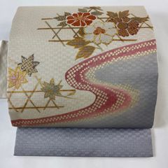 ANo.1940 未使用正絹大島紬(樹下鳥獣)幾何学袋帯　証紙　美品 袋帯 美品 名品 証紙 大島紬地 幾何学 銀彩 茶緑色 全通 正絹