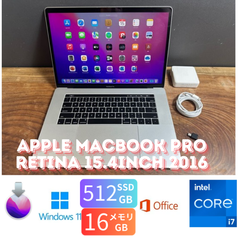 「美品新品バッテリー」Apple MacBook PRO Retina 15.4inch 2016/CPUi7 2.6GHZ/16GB/SSD512GB/GPU2GB/Windows11/office2024/CJ381