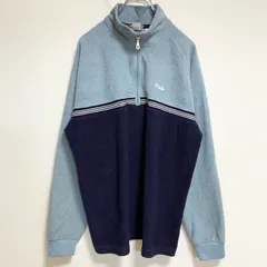 古着 used　FILA　フィラ　長袖ハーフジップフリースジャケット　ワンポイント刺繍　ハイネック　水色　ネイビー　Mサイズ