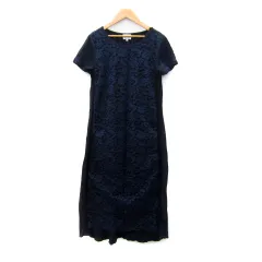 ランバンオンブルー LANVIN en Bleu ワンピース ロング丈 半袖 ラウンドネック レース 切替 38 M 紺 ネイビー /SY27