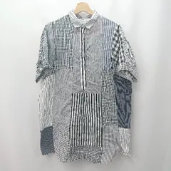 ◇ ⊂ カナリ ストライプギンガムチェック 半袖 ハーフボタンチュニック サイズ表記なし モノトーン系 レディース E  【1507280005194】