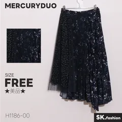 ★美品★ MERCURYDUO マーキュリーデュオ スカート　フレア　ロング丈　プリーツ　ドット柄　花柄　チュール　アシンメトリー　ウエストゴム　サイドジップ　裏地付き 　ネイビー　 【H1186-00】 送料無料　古着　レディース