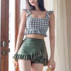 ☆ グリーンチェック ☆ XL ☆ 水着 レディース 体型カバー 上下セット 水着 レディース ビキニ セパレート スカート 上下セット タンニキ 幅広肩紐 フリル バックフリル パッド付 ノンワイヤー ハイウエスト ショートパンツ スイムウェア