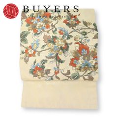 【中古】 名古屋帯 九寸 正絹 ベージュ 名古屋仕立て 草花柄 和装 呉服 和服 きもの レディース 女性