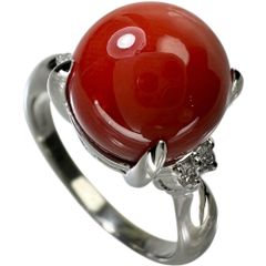 13号 血赤珊瑚（10.0mm） ダイヤモンド 0.07ct リング・指輪 Pt900プラチナ 7.5g レディース 【中古】【真子質店】【NN】