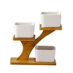 MaT store 植木鉢 おしゃれ 多肉植物 寄せ植え鉢 竹製スタンド 鉢3点とスタンド セット商品 