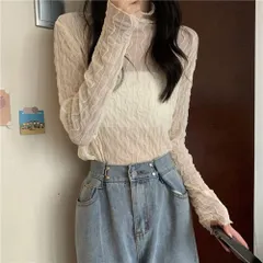 ☆ ベージュ ☆ カットソー シースルー カットソー レディース 長袖 シャツ 薄手 メッシュ レース シアー タートルネック フリルネック ハイネック 重ね着 レイヤード エレガント 透け カジュアル きれいめ 上品 かわいい トップス