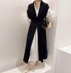 ツーピース シャツワンピース ニットベスト ワンピドレス ロング ロング丈 袖あり 長袖 襟付き セミフレア Aライン リボン ウエストリボン ポケット ハイウエスト 前開き かわいい 大人可愛い シンプル 大人 上品 おしゃれ アジアン エスニック エキゾチ