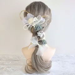 髪飾り ヘッドドレス＊結婚式 成人式 卒業式 和装 打掛 振袖 袴~ソラダリア リボン チュール パール 水引~ブルーグリーン 青 水色 12本