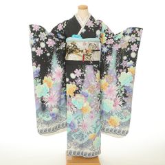 美品】振袖成人式7点セット162cm□正絹黒ブラックグレー成人式前撮り 