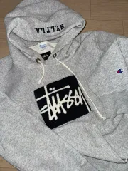 STUSSY(ステューシー) x Champion(チャンピオン) 00s ジャパン リバースウィーブ ビッグロゴ フード付きTシャツ M
