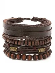 ジュエリー メンズ ブレスレット セット ファッションヴィンテージメンズブレスレットセット4個入り、レトロな木製ビーズ、ブラウンレザーブレスレット、アクセサリー クリスマスギフト 日常使いや祭りにも最適