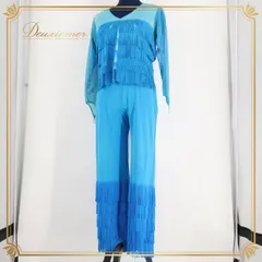 ダンス 衣装 チャコット Chacott トップス ブラウス パンツ ズボン ジャズ 社交ダンス 舞台 パーティ 発表会 ツーピース セットアップ 上下セット 青 フリンジ ブルー系 ジャズダンス 社交ダンス 衣装 発表会用 フリンジ付き おしゃれ パーティ用