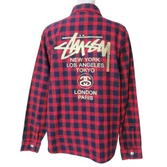 ステューシー STUSSY ワールドツアー シャツ 長袖 チェック バックプリント M 赤 紺 Xのサムネイル