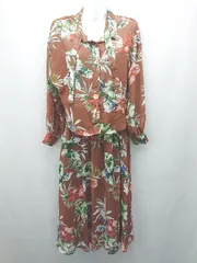 ◇ Andemiu 花柄 裏地あり シアー素材 カジュアル かわいい 長袖 ロング丈 ワンピース サイズF ブラウン レディース E  【1310050015824】