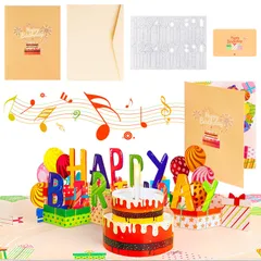 [RISOUHE]誕生日カード バースデーカード メロディ付き グリーティングカード メッセージカード おしゃれ 光り 音楽とライト付き 3Dポップアップカード 折りたたまれたハッピーバースデーカード 封筒付き 立体 祝福カード 誕生日ケーキ 寄せ書き 手作り