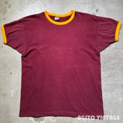 70's Champion リンガーTee 無地 バータグ エンジ/イエロー USA製 XL 実寸M相当