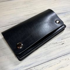 【トラッカーウォレット ロング 2層】 ブラック 本革 ハンドメイド シルバー