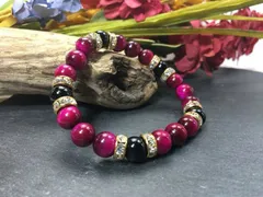 パワーストーン ブレスレット ピンクタイガーアイ&オニキス 天然石　(ゴールド)8mm レディース  ●