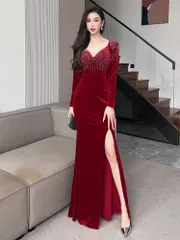 キャバドレス ベルベット Vネック ロング丈 タイト スリット パーティー/ナイトクラブ/ラウンジ 高級感 セクシー エレガント スリット有 高見え パーティー/クラブ/ラウンジ/同窓会/披露宴 S～XL 光沢感 ドレスコード対応 裏地 サイ