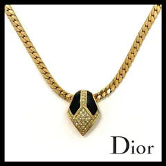 M【Dior】ラインストーン ネックレス ブラック/黒 ゴールド/金 カラー ペンダント ヴィンテージ Christian Dior/クリスチャンディオール (53918S4a)