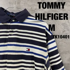 TOMMY HILGER トミーヒルフィガー ネイビー ポロシャツ 半袖 M メンズ コットン ボーダー 刺繍ロゴ RN77806 USA 海外輸入 古着 TK10401