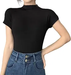 G-tiamo 半袖 レディース ハイネック Tシャツ カットソー フレンチスリーブ トップス 無地( ブラック,  M)
