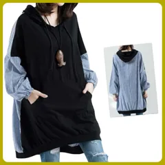 【送料無料・匿名配送】パーカー レディース 大きめ 切り替え ストライプ プルオーバー 秋冬春トップス 長袖 ロング丈 フード付きトレーナー レディース ゆったり 体型カバー 着痩せ おしゃれ カジュアル 普段着 大人可愛い インポート