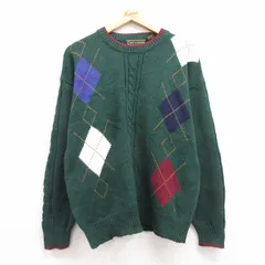 L/古着 長袖 セーター メンズ 00s アーガイル コットン クルーネック 緑他 グリーン 24oct15 中古 ニット トップス