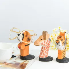 【ハンドメイド】木製メガネスタンド サファリ アニマル柄　彫刻　ギフト メガネ置き
