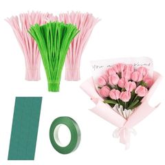 seimeinoki 手芸モール ピンク色＊200本＋緑色＊100本 造花 チューリップ 花束 手作りキット お花 モールアート ワイヤーアート 手芸素材 工作モール 人工花茎とフラワーテープ付き 記念日/誕生日/母の日/バレンタインデー 贈り物 DIY手 0
