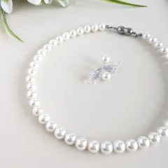 【2点Set】サージカルステンレス316(SUS)金具の8mm貝パールネックレスと樹脂クリップイヤリング