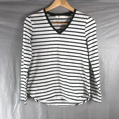 アズール AZUL basic カットソー 長袖 薄手 Vネック ボーダー 裾ラウンド 綿 黒 白系 Mサイズ 2025032500302