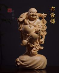【修縁堂】極上品 木彫仏像 七福神 立像 布袋様 彫刻 一刀彫 天然木檜材