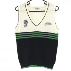 【超美品】アディダス ニットベスト 白×ネイビー 胸元3ライン ウール混 レディース L/G ゴルフウェア adidas