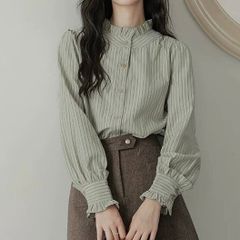 【新品】フレンチレトロ♡フリルネックストライプブラウス レディース 韓国 ファッション 長袖 ブラウス ストライプ レトロ フリルカラー ノーカラー すっきり きれいめ オフィス カジュアル S M L 　E1476