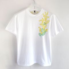 小枝ミモザ柄手描きTシャツ メンズ ミモザを一輪手描き描いたTシャツ