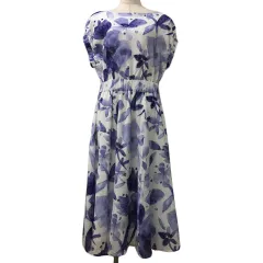 オットー OTTO ワンピース Aライン フレア ロング 総柄 花柄 ウエストゴム フレンチスリーブ 9 白 紫 ホワイト パープル