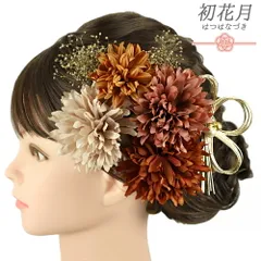 髪飾り 成人式 水引 振袖 袴 花 菊 かすみそう 7点セット 茶 ブラウン ピンクベージュ 赤 臙脂 ゴールド 造花 パール ビーズ ト No.12-0790