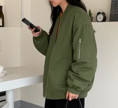 MA-1 ジャケット メンズ レディース ユニセックス カーキ ブルゾン ミリタリージャケット ストリート 韓国ファッション バックロゴ オーバーサイズ 体型カバー 秋冬 ジップアップ アウター シンプル カジュアル [1186]