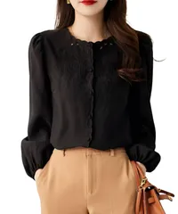 [Four leaf] 【華やかな刺繍×エレガント】 トップス ブラウス シャツ 春 秋 長袖 刺繍 レース レディース ノーカラー パフスリーブ バルーン袖 バルーンスリーブ シャツブラウス ゆったり (2XL, ブラック) [ブラック] [2XL]