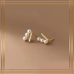 021【3粒パール】ピアス　三連　径4mm　淡水真珠　S925　K14コート