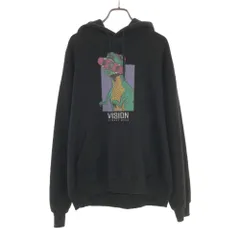 ヴィジョンストリートウェア プリント 長袖 ロゴ刺繍 スウェットパーカー M ブラック VISION STREET WEAR プルオーバー メンズ 古着 【240414】