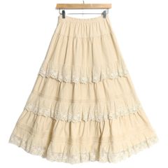 ピンクハウス★チュールレースの段々フリル♪ロングスカート ベージュ系 カットワーク刺しゅう♪ギャザーたっぷり♪z14659