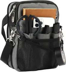 CARRY ALL BEFORE ONE 多機能 エプロンバッグ ナースポーチ ウエストバッグ マチ拡張可能 ダブルジッパー 3wayショルダー マチ付き 文具 工具バッグ 作業用 業務用 看護 介護 事務 撥水(グレー,  S マチ拡張可能版)