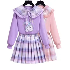 クロミちゃん プリーツスカート＋ 長袖 セーターセット キッズ 子供服 アンサンブル カジュアルウェア 2点セット パープル ピンク２色 100-160cm 春 秋 冬