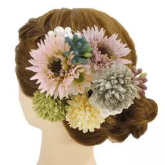 髪飾り 成人式 振袖 前撮り 袴 花 浴衣 夏祭り 花火大会 5点セット 白 ピンク 渋緑 黄色 灰色 グレー パール ヘアアクセ かん No.9-3925