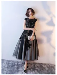 パーティードレス ドレスワンピース ロングワンピース 結婚式 お呼ばれ ミモレ丈 フレアスカート 半袖  レース シースルー 韓国 ブラック 0495