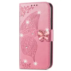 に適用するiPhone 15 ケース 手帳型 ノートブック型携帯電話保護カバー多機能携帯電話ホルスター財布携帯電話ホルダーバンプパターンテクスチャ耐久性摩擦耐性携帯電話ケース男性と女性に適した多色オプション (zバタフライピンク)